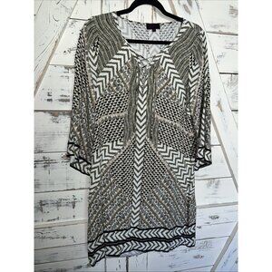 Hale Bob Large Tribal Geometric Knit Dress Lace Up V Neck Green White Half Slve